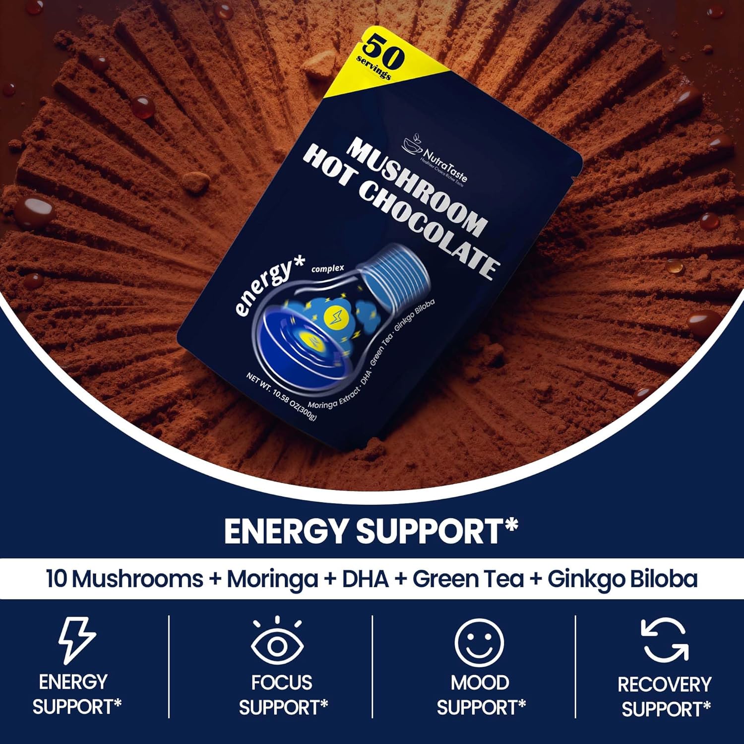 Mushroom Hot Chocolate, 50 Servings Cocoa Powder | 10 Mushrooms Supplements with Moringa Extract, DHA, Green Tea & Ginkgo Biloba | Support Focus & Gut Health | Vegan & Keto, Gluten-Free