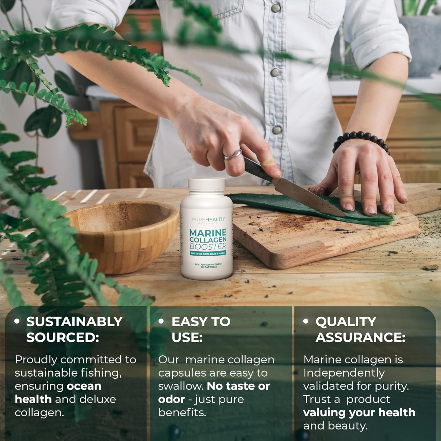PUREHEALTH RESEARCH Marine Collagen Supplement - with Hyaluronic Acid, Aloe Vera Leaf Extract, Morikol Marine Collagen Tripeptides & Vitamin E - 90 Capsules