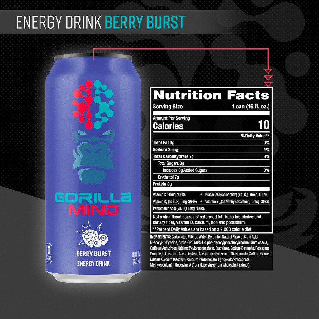 Gorilla Mind Energy Drink | Unmatched Energy · Amplified Focus | N-Acetyl-L-Tyrosine, Alpha-GPC, 200mg Caffeine, Uridine, Saffron | 0 Sugar Or Artificial Colors | 16oz, 12-Pack (Berry Burst)