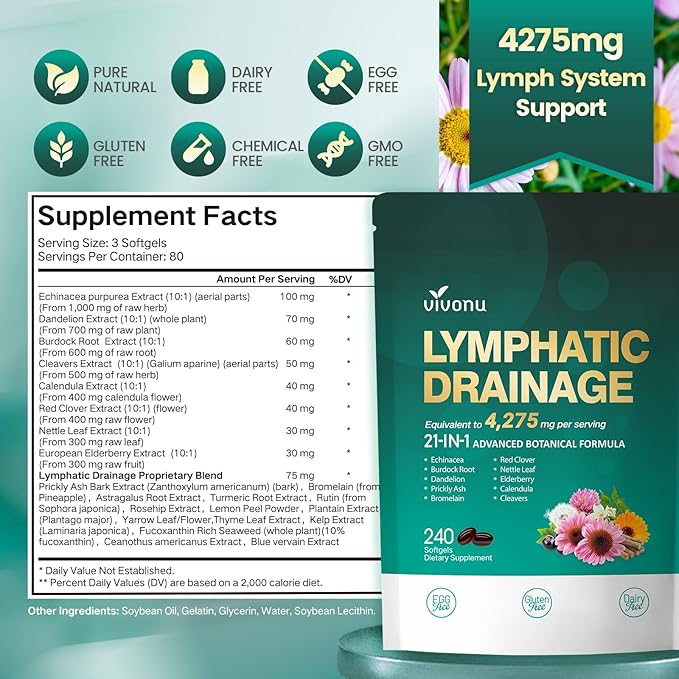 Lymphatic Drainage Supplement, 240 Softgels, 4275mg Lymph System Support Supplement for Women & Men, 21-in-1 Herbal Blend with Echinacea, Dandelion, Burdock, Bromelain, Calendula, Turmeric & More