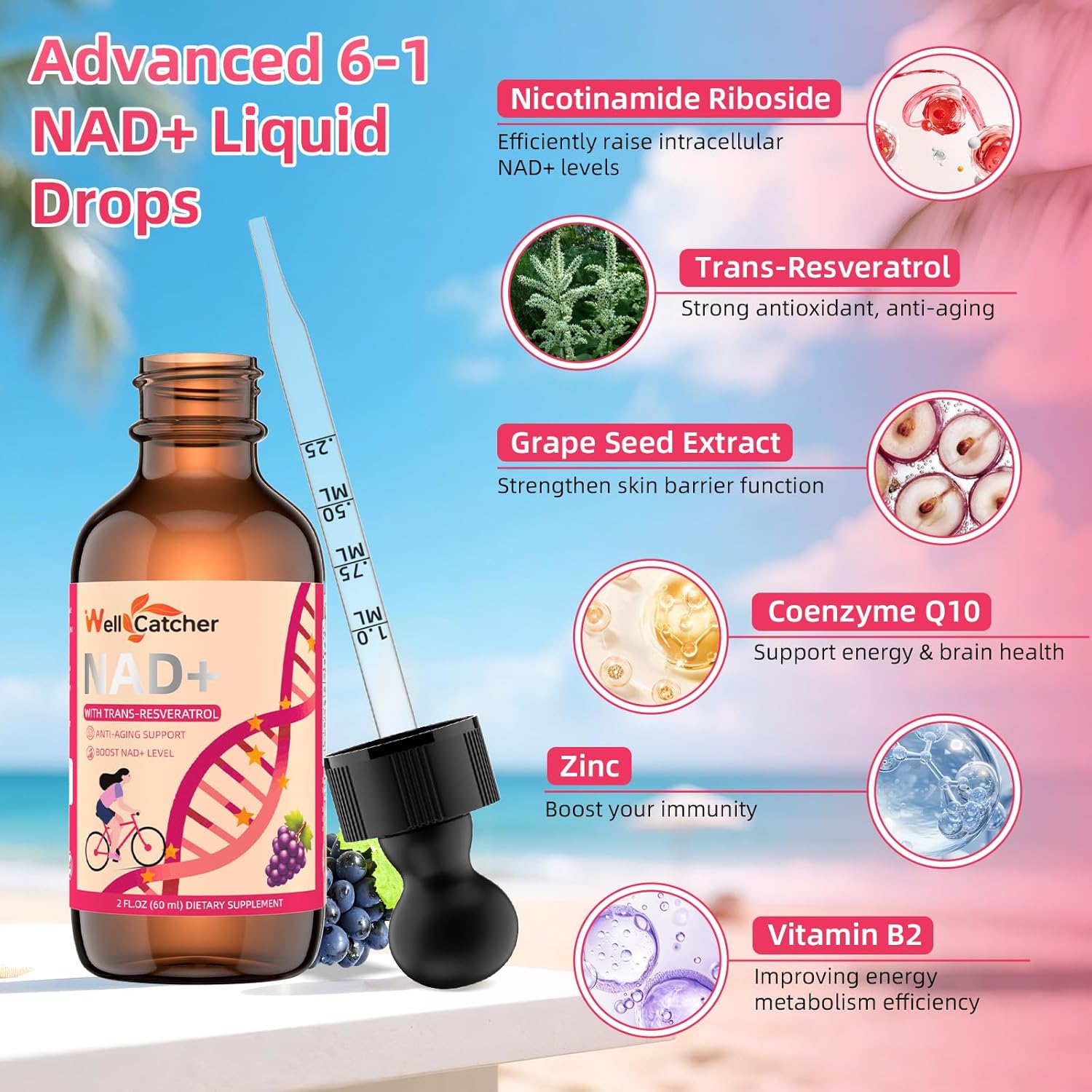 NAD+ Liquid Supplement for Women Men: NAD+ Resveratrol Drops with Grape Seed Extract CoQ10 Zinc Vitamin B2 Nicotinamide Riboside Support Energy Anti-Aging & Heart Health Grape Flavor 30 Servings