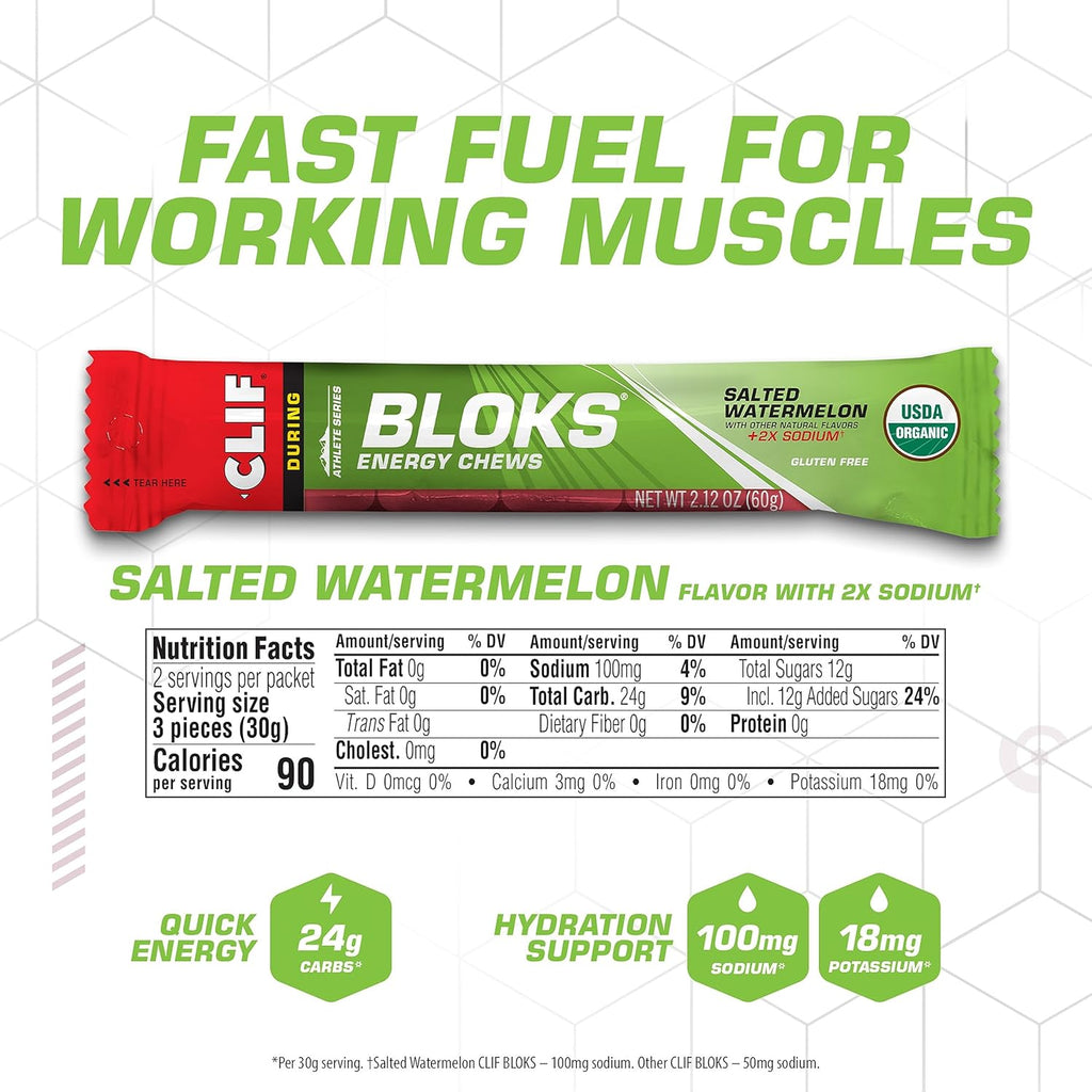 CLIF BLOKS - Salted Watermelon Flavor with 2X Sodium - Energy Chews - Non-GMO - Plant Based - Fast Fuel for Cycling and Running - Quick Carbohydrates and Electrolytes - 2.12 oz. (18 Count)