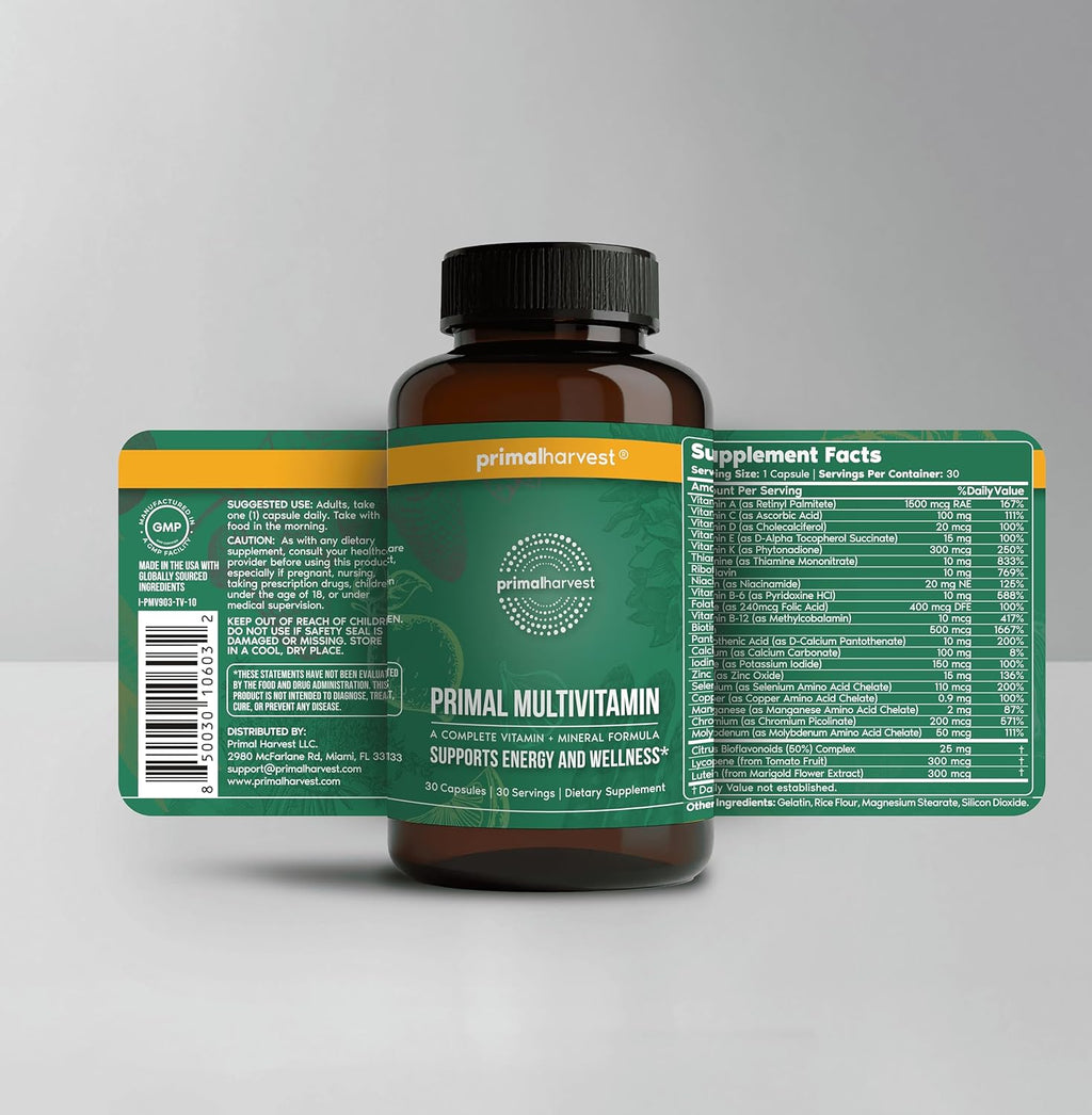 Primal Harvest 2 Pack, Multivitamin for Women and Men Vitamin A, Vitamin C, Vitamin D and E, Vitamin B12, B6, Biotin, Zinc Supplements, 60 Capsules