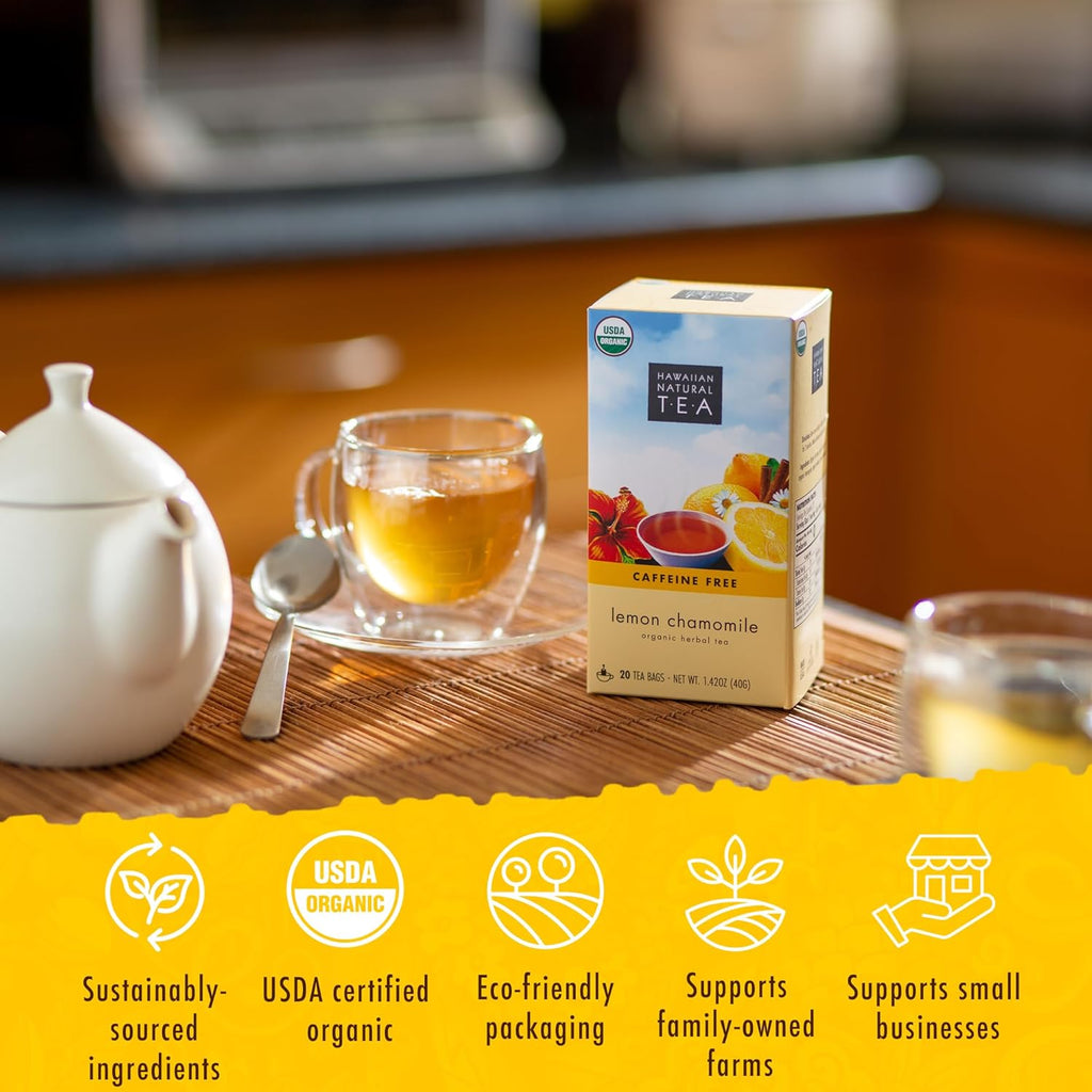 Organic Lemon Chamomile Tea - Caffeine Free Herbal Tea - Supports a Good Night’s Sleep, Calming, Relaxing for Bedtime, 20 Bags