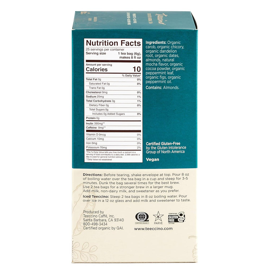 Teeccino Dandelion Mocha Mint Tea - Caffeine Free, Roasted Herbal Tea with Prebiotics, 3x More Herbs than Regular Tea Bags, Gluten Free - 25 Tea Bags (Pack of 3)