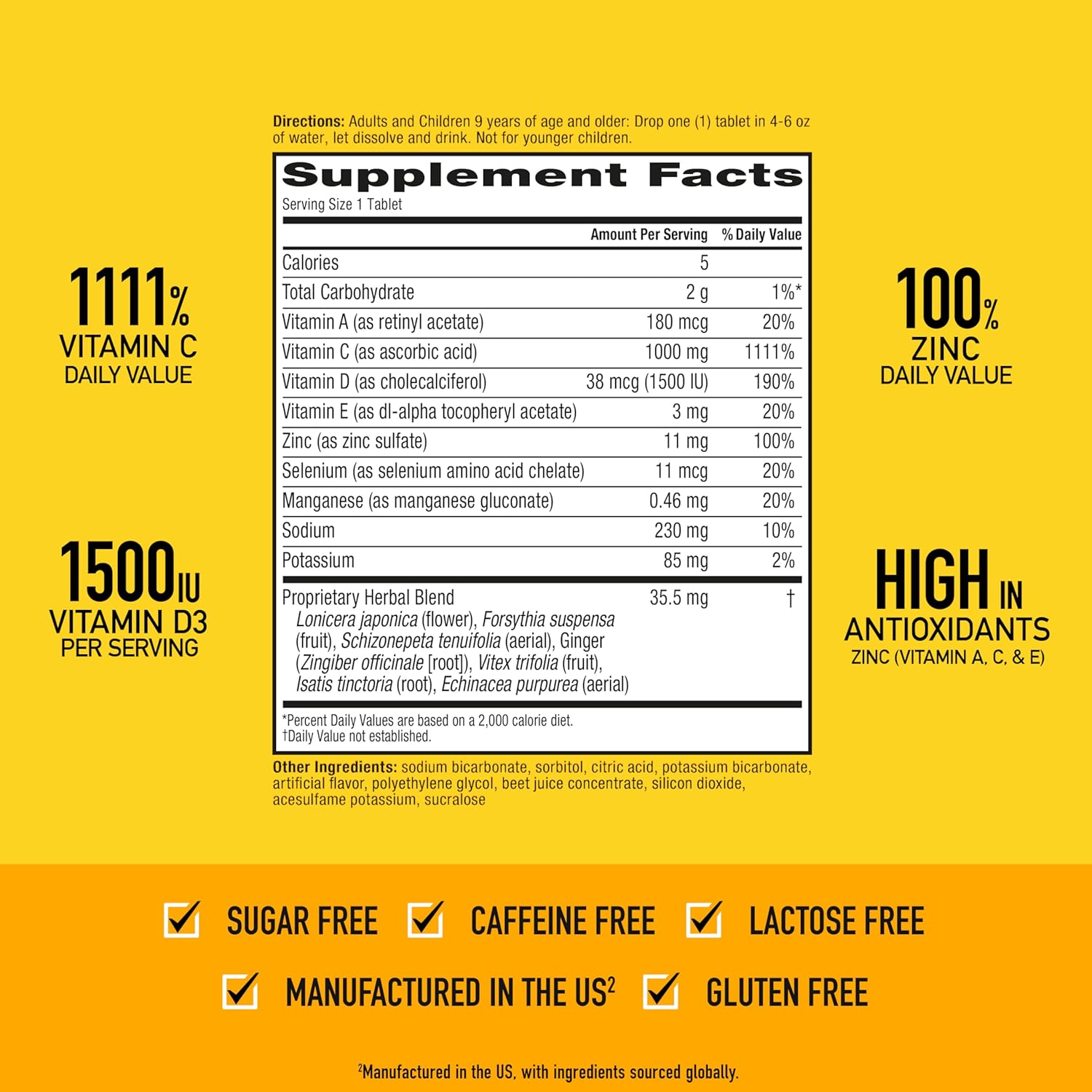 Airborne 1000mg Vitamin C with Vitamin D & Zinc, Sugar Free Multivitamin Immune Support Supplement, Antioxidants Vitamins A C & Vitamin E, 30 Effervescent Tablets, Very Berry Flavor
