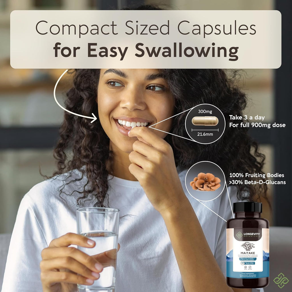 Longevity Botanicals Organic Maitake Mushroom Extract Capsules (120) | Concentrated 10:1 Ratio | 100% Fruiting Bodies | Grifola frondosa Natural Supplement for Gut Health & Immunity Support