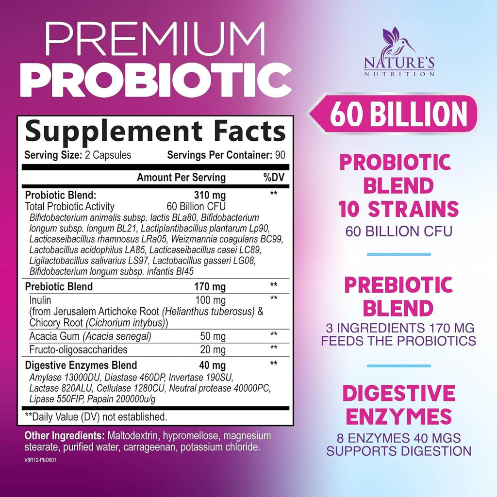 Probiotics 60 Billion CFU per Serving - 10 Strains + Prebiotics - Digestive Health, Gut & Immune Support - Supports Occasional Constipation, Gas & Bloating for Women & Men Shelf Stable - 180 Capsules