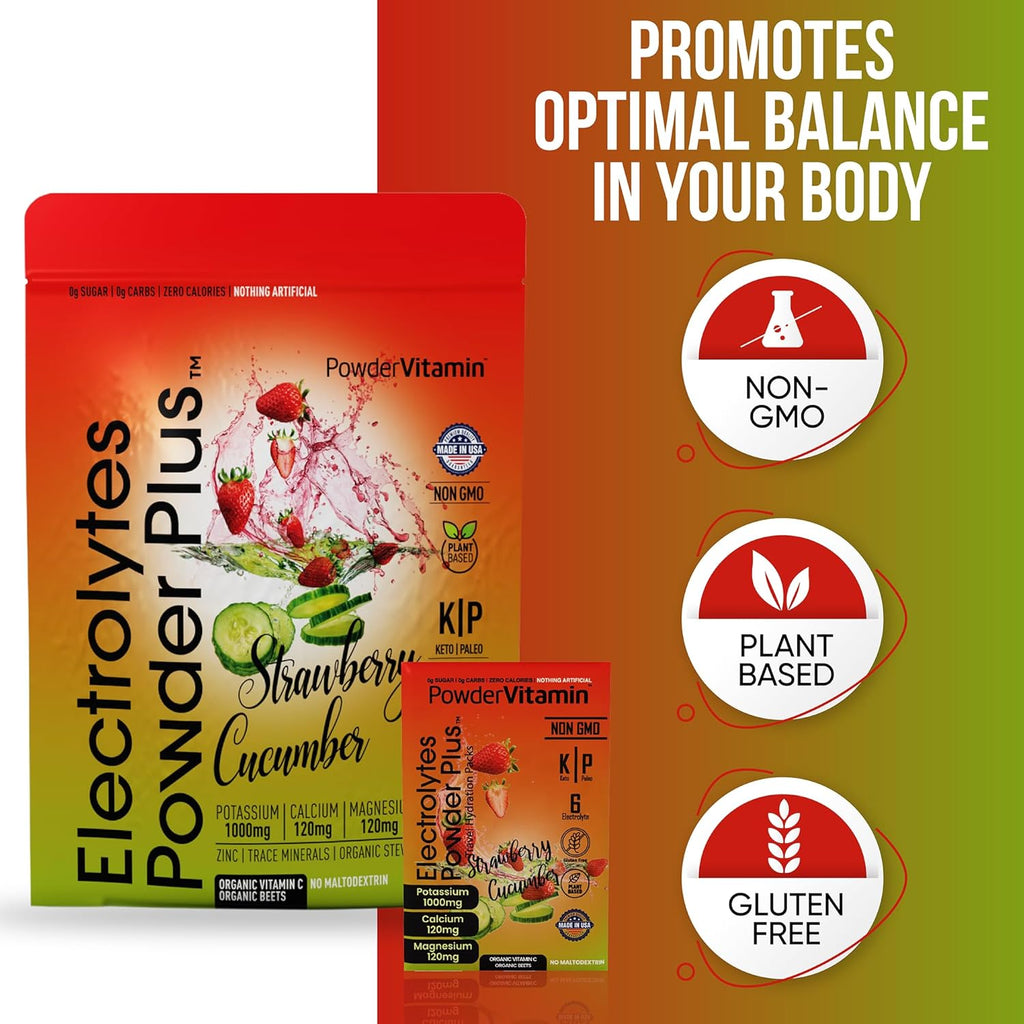 PowderVitamin Electrolytes Powder Plus, Keto, Strawberry Cucumber, Sugar Free, Pink Himalayan Salt, 1000mg Potassium, 120mg Calcium, 120mg Magnesium, Non-GMO, Zero Calories, (16 Hydration Packets)