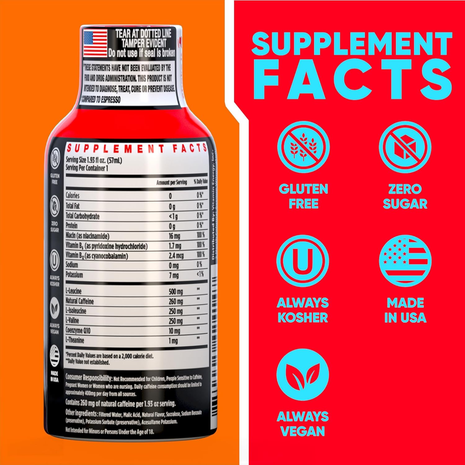 Vitamin Energy Focus+ Extra Strength Energy Shot Mango 48 Pack, 260mg Natural Caffeine, B-Vitamins, CoQ10, Amino Acids, Focus, Productivity & Clarity, Zero Sugar, Gluten-Free, 1.93 fl oz
