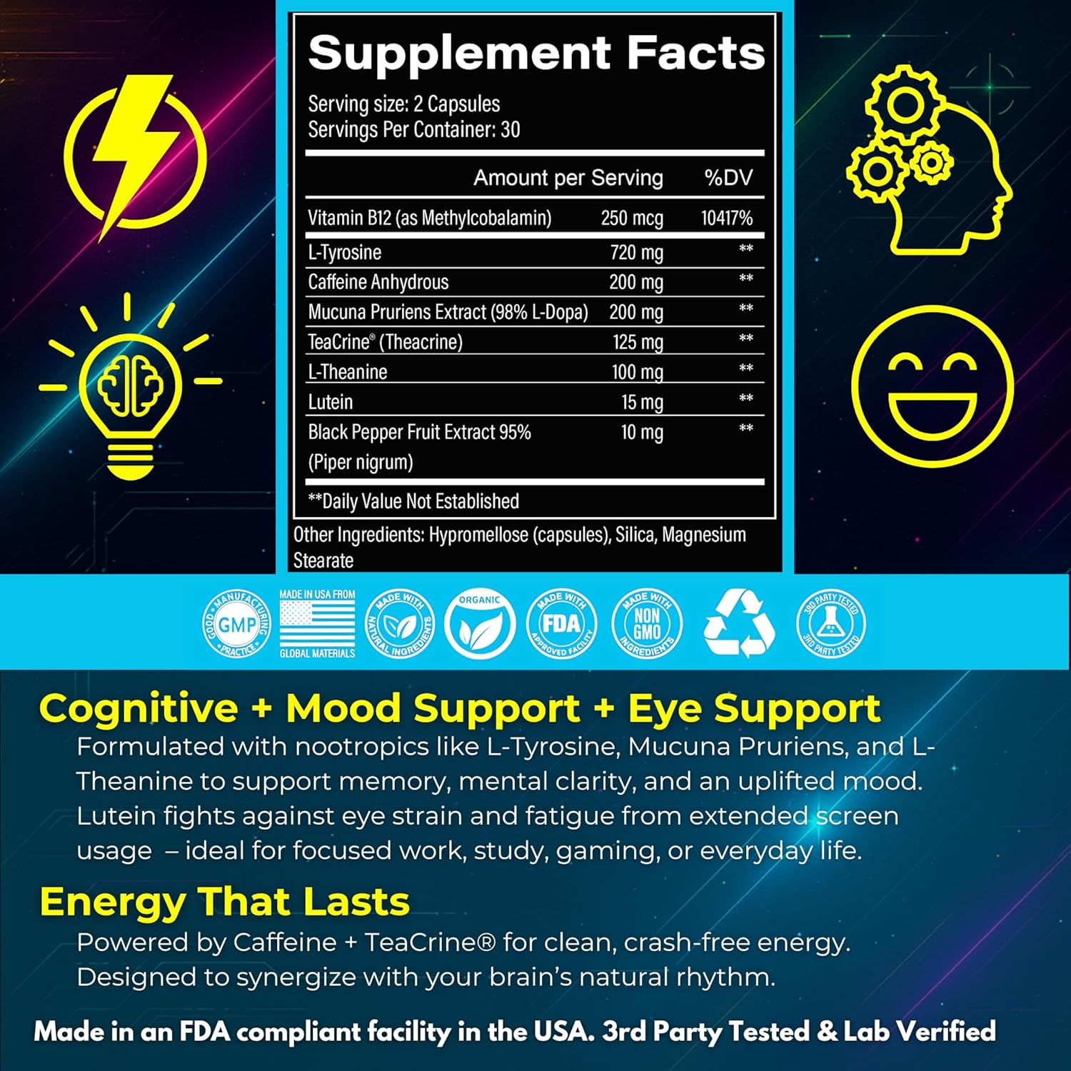 Space Dust Brain Supplement – Focus, Energy & Mood Support – 8-in-1 Nootropic for Brain Fog & Reaction Time – with TeaCrine, L-Theanine, L-Tyrosine, Mucuna – Gamer & Professional Formula