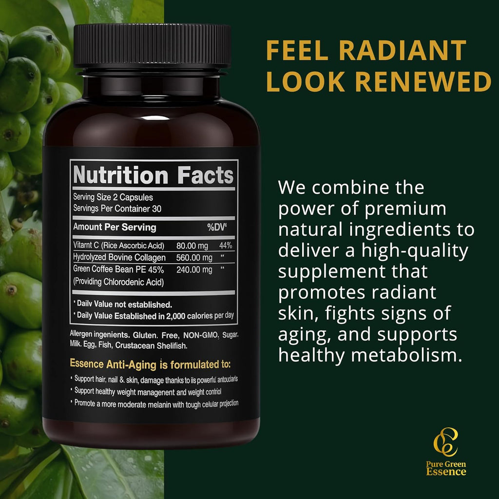 Anti-Ageing with Colombian Green Coffee Extract, Hydrolyzed Collagen, and Vitamin C (60 Capsules)