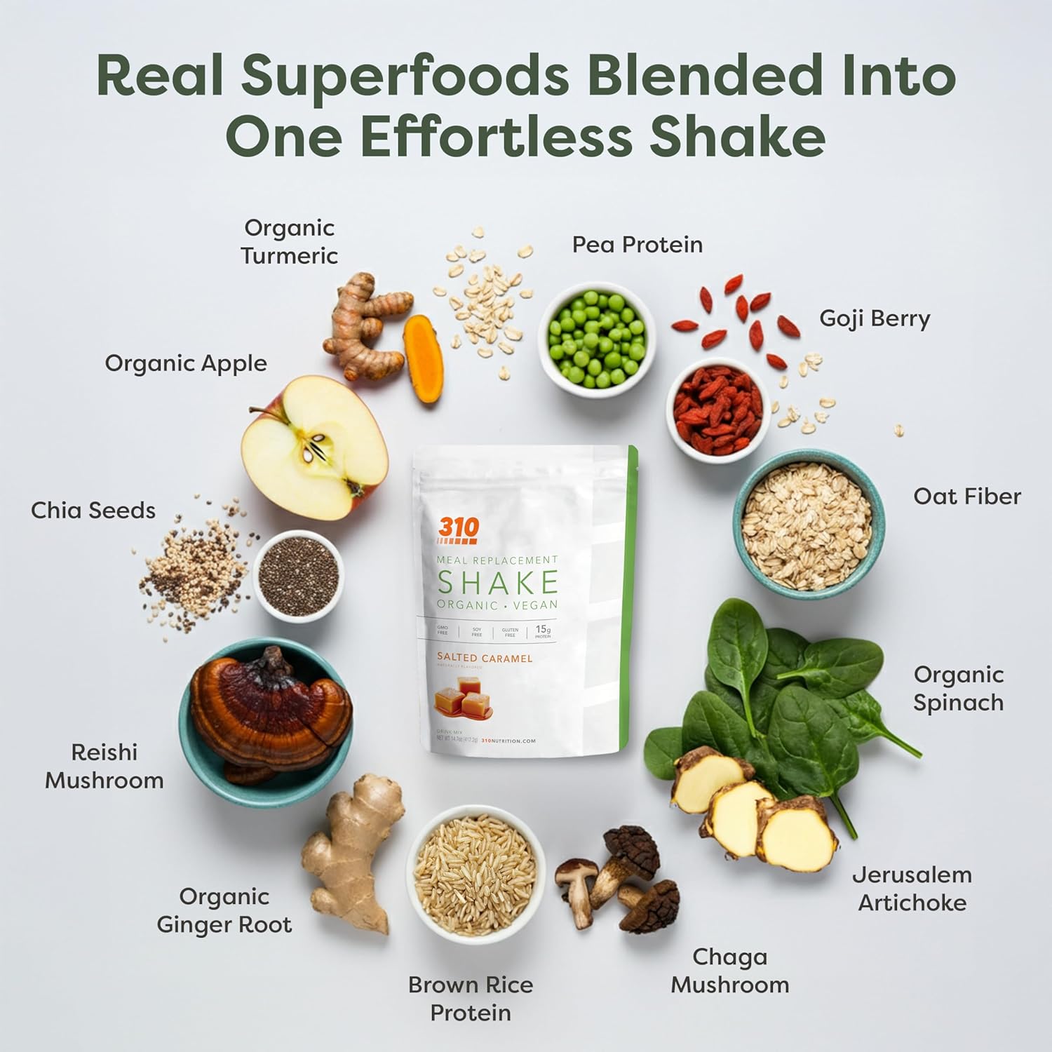 310 Nutrition Organic All-In-One Meal Replacement Shake Powder - Plant-Based Protein Smoothie Blend w/Fiber, Probiotics & Adaptogens - Low Carb, Vegan, Keto & Paleo - Salted Caramel - 28 Servings