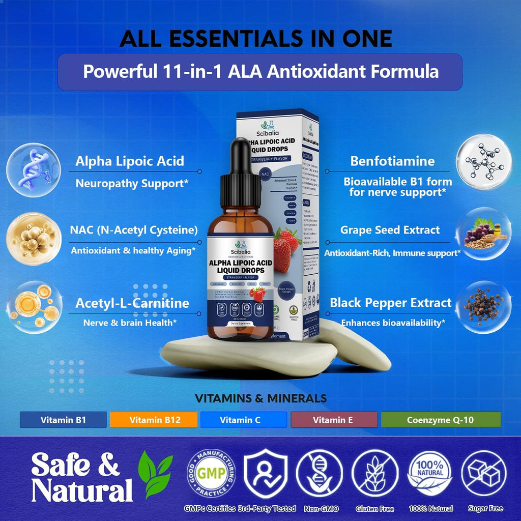 Alpha Lipoic Acid 1000mg Liquid Drops, Max Strength 11-in-1 ALA Supplement w. Acetyl L-Carnitine Benfotiamine & B1 B12 C E, Alpha-Lipoic Acid Nutritional for Neuropathy Nerve Energy Antioxidant
