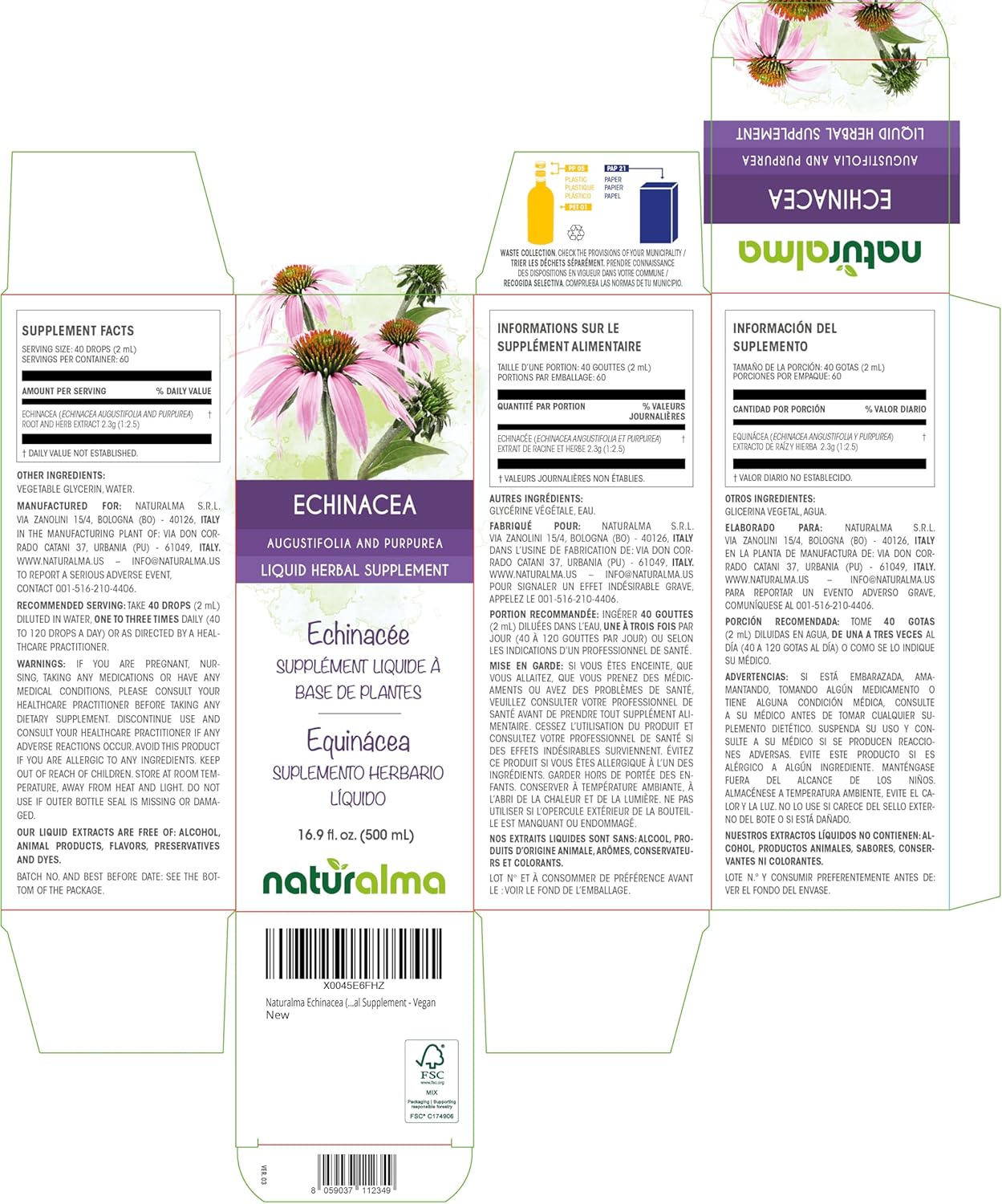 Naturalma Echinacea (Echinacea angustifolia and purpurea) Root and herb Alcohol-Free Tincture - 16.9 fl oz Liquid Extract in Drops - Herbal Supplement - Vegan