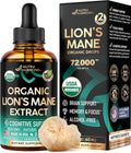 Lions Mane Liquid - USDA Certified Organic Lions Mane Supplement - Brain Support, Energy, Memory & Focus - Sugar & Alcohol-Free Lion's Mane Mushroom Extract 72,000 mg / Bottle, 2 Fl OZ, 2 Month Supply