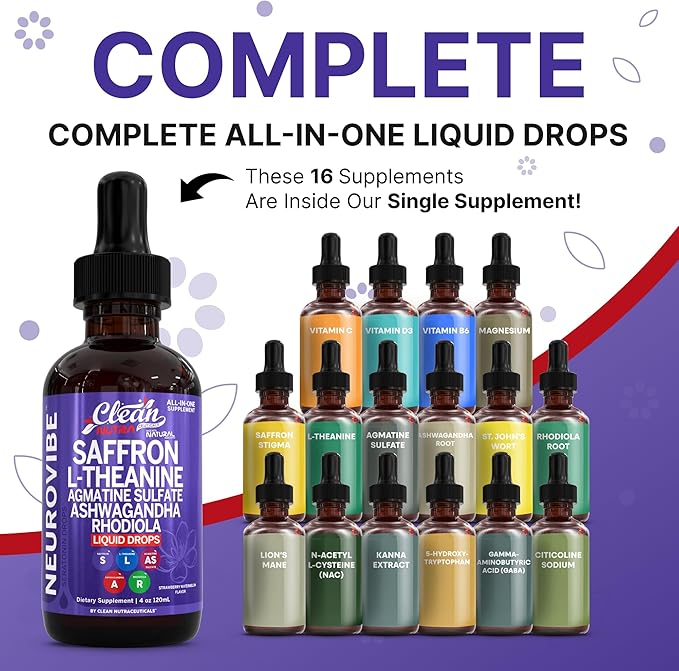 Saffron Supplements Liquid Drops L-Theanine Agmatine Sulfate Ashwagandha Magnesium Glycinate B6 Magnesium Stress Relief Mood Support 5-HTP GABA Supplement Vitamin D 4oz by Clean Nutra