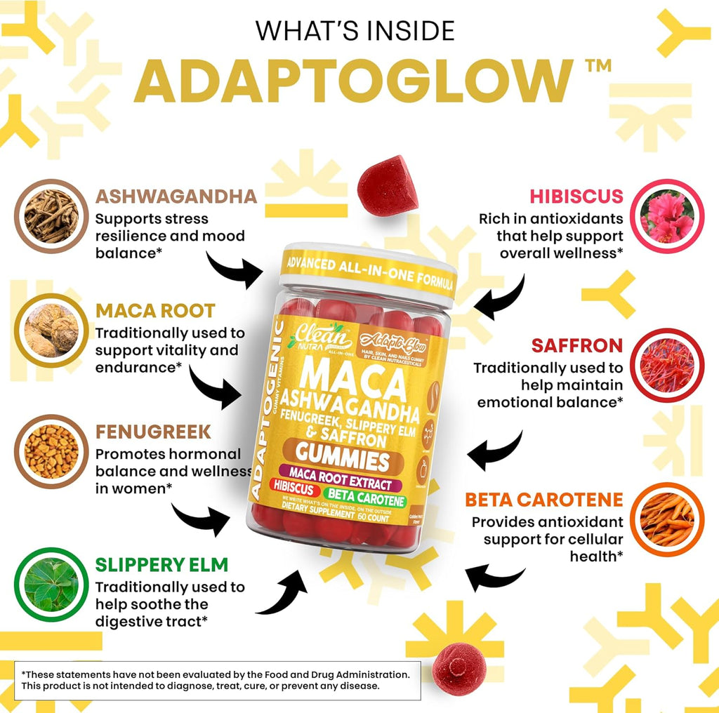 Clean Nutra Maca Root Gummies Ashwagandha Fenugreek Slippery Elm Saffron Hibiscus Beta Carotene Vitamin A for Women Macaroot Extract 60 Gummies Vegan Adaptogen Supplement Gummy Non GMO