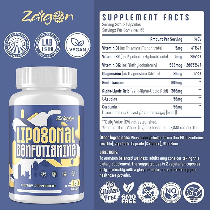 Zaigon Benfotiamine Thiamine Vitamin B1 Supplement, 600mg Liposomal Fat Soluble VIT B1 with Alpha-Lipoic Acid for Men & Women, Energy Boost, Glucose Metabolism & Nerve Support (240 Vegan Capsules)