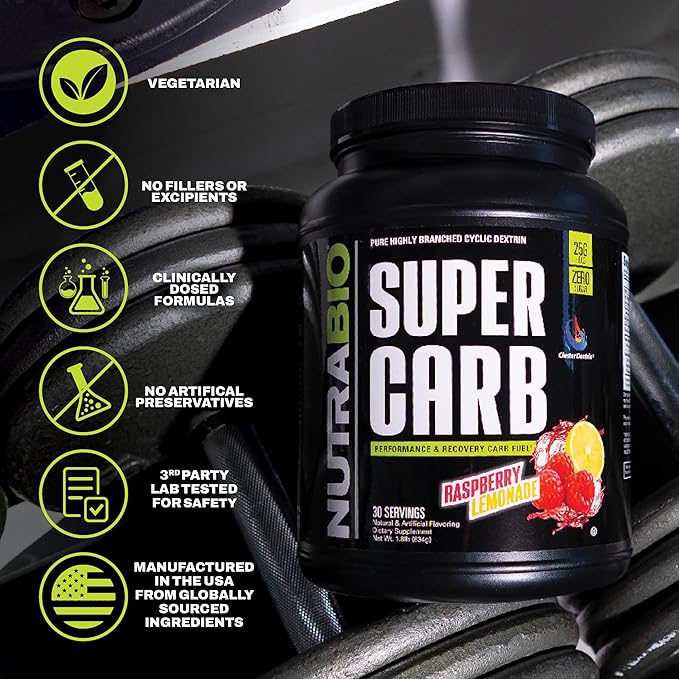 NutraBio Super Carb, Carbohydrate Powder with Cluster Dextrin & Electrolytes, Advanced Carb Supplement Powder for Workout Fuel,Performance, and Muscle Recovery,Cyclic Dextrin,Raspberry Lemonade, 30 Sv
