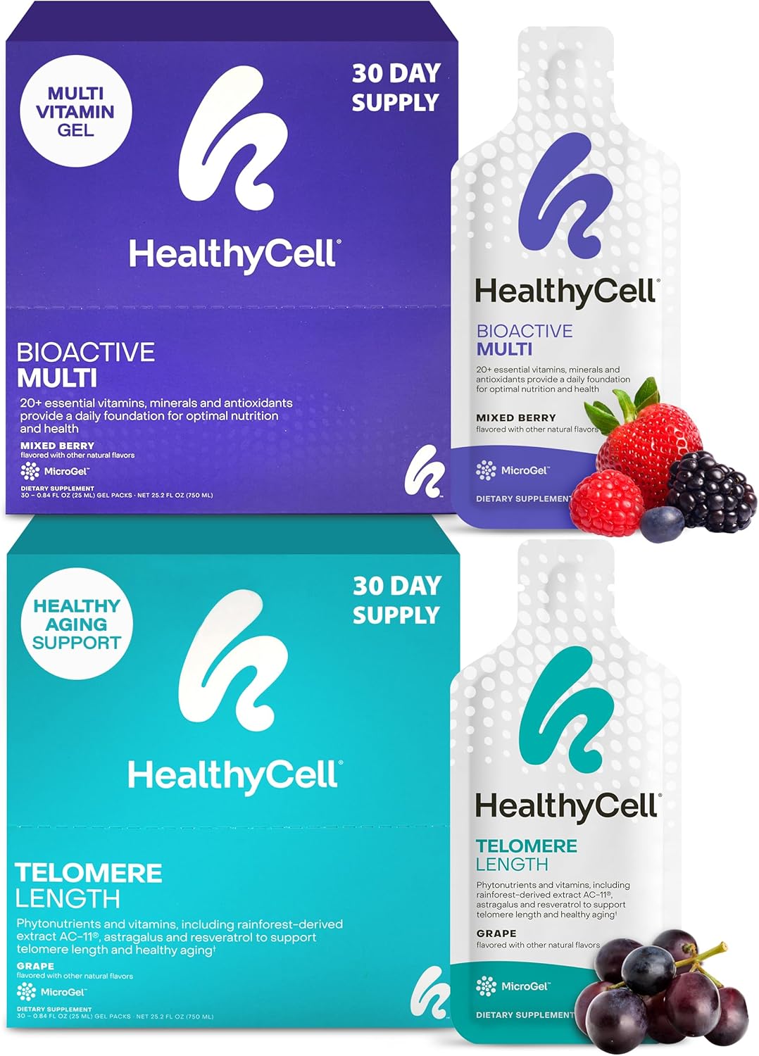 Healthycell Telomere Length Healthy Aging Supplement + Vibrant Hair, Skin & Nails Liquid Collagen Supplement for Women & Men Bundle