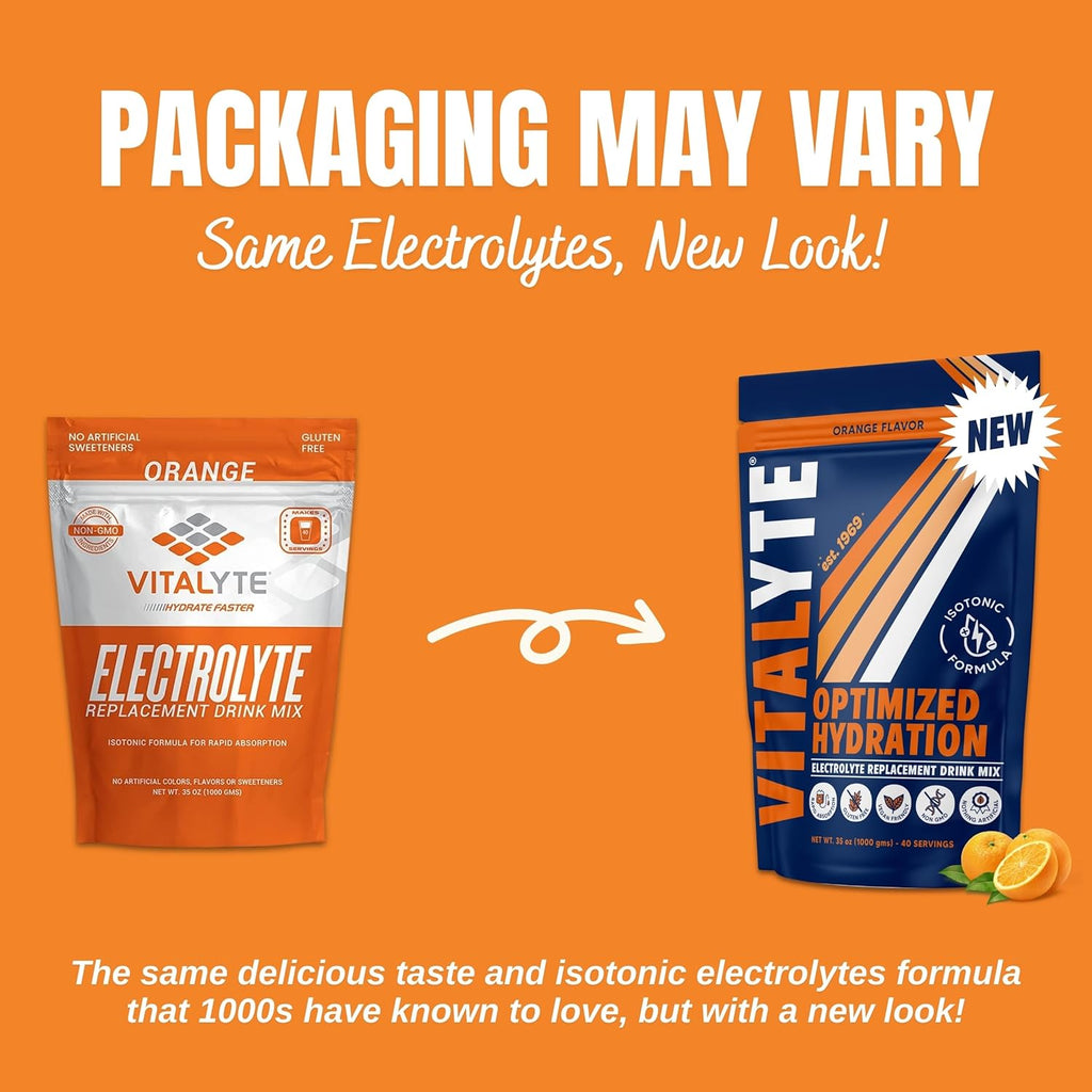 Vitalyte Electrolyte Powder Drink Mix, Isotonic Electrolyte Hydration Mix, Gluten Free Post Workout Powder Mix, Pack of 2, 35 oz. Each, Orange Flavor