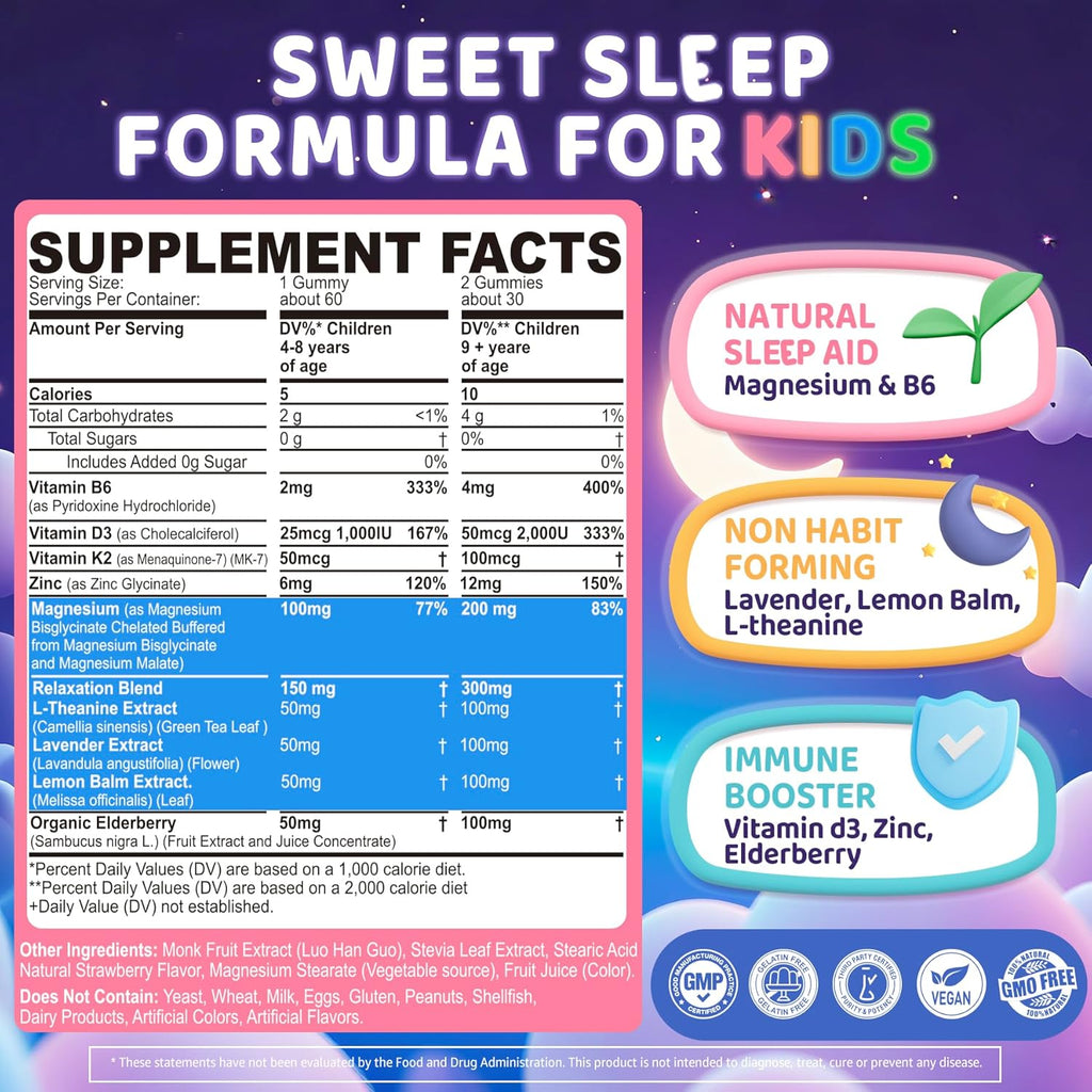 Kids Sleep Gummies, NO Melatonin Sleep Aid Gummies w/Magnesium Glycinate, Magnesium Malate, L-Theanine, Lavender, B6, Zinc, D3K2 for Restful Sleep, Relax Brain & Muscle, Immune Support, Non-GMO 1Pack