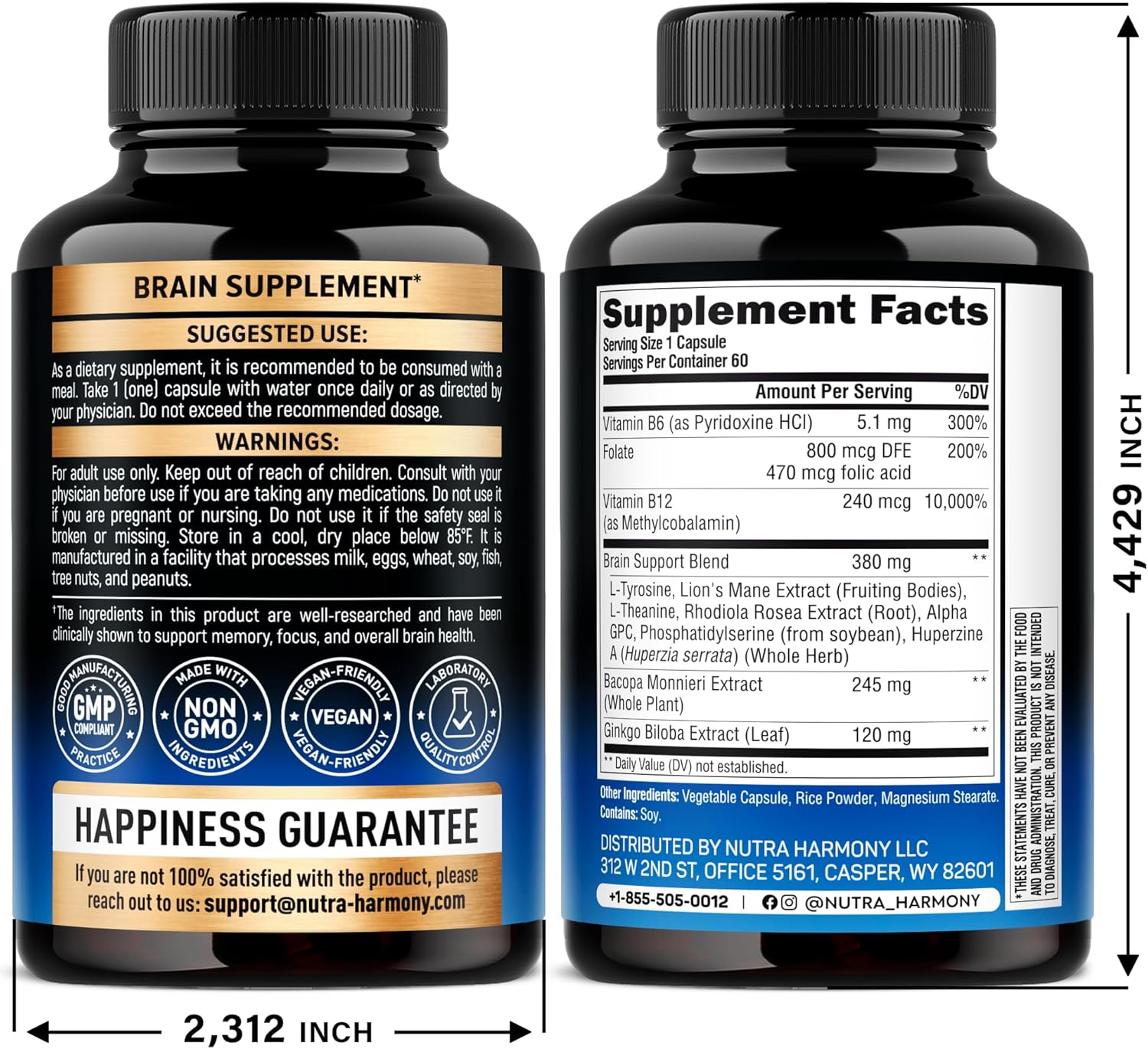 Brain Supplement for Memory & Focus 750 mg - Magnesium | L-Theanine | Bacopa Monnieri | Ginkgo Biloba | Lions Mane - 12in1 Nootropic Complex for Neuro Health - Caffeine-free - Made in USA, 60 Capsules