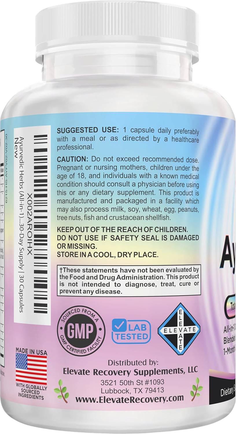 Ayurvedic Herbs (All-in-1) Supplement Blend | Traditional Ayurveda Mind-Body-Spirit Herbal Complex with 17 Active Ingredients | Premium Ayurvedic Supplements for Daily Health & Wellness | 30 Capsules