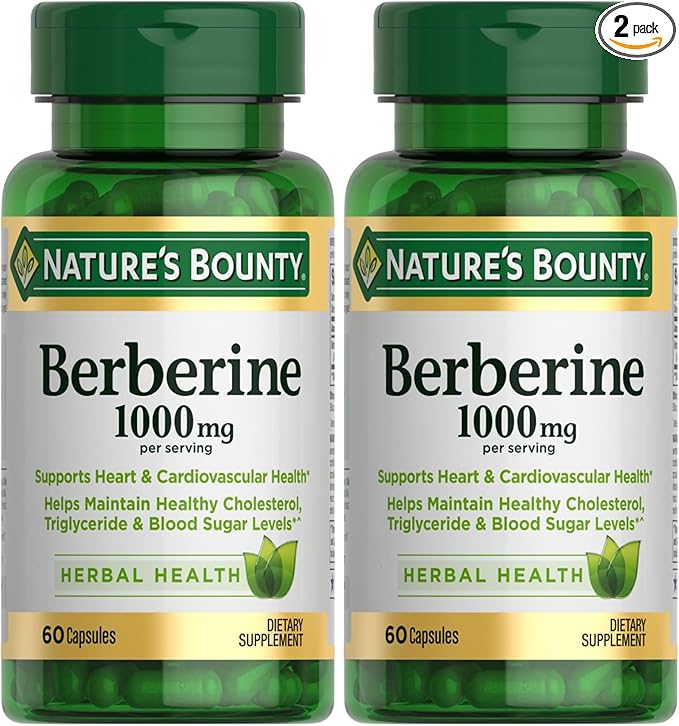 Nature's Bounty Berberine 1000mg Capsules, Supports Heart Health, Cholesterol & Blood Sugar Levels in a Normal Range, Non-GMO Supplement, 60 Count (Pack of 2)