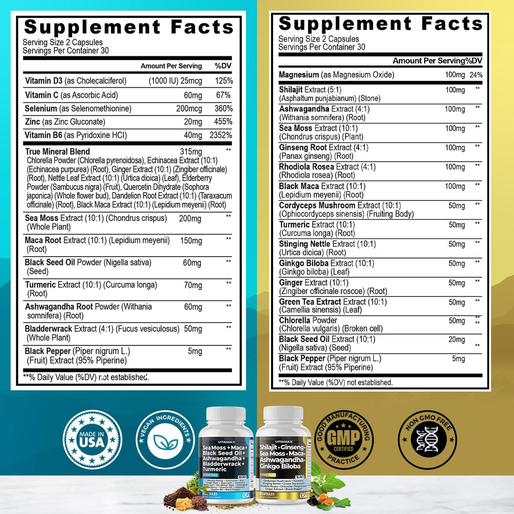 Vitamax Pure Himalayan Shilajit Supplement, Sea Moss, Ashwagandha, Bladderwrack, Gingko Biloba, Organic Capsules & Trace Mineral for - Non-GMO - Vegan - Men and Women – Made in USA