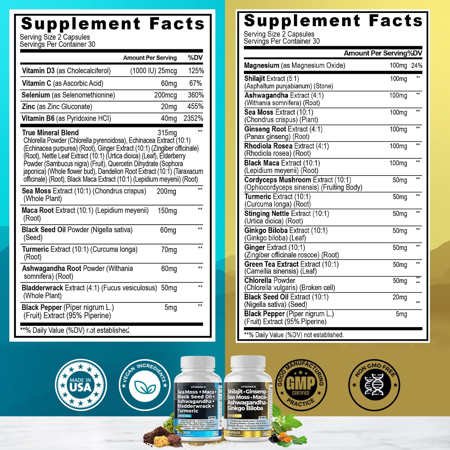 Vitamax Pure Himalayan Shilajit Supplement, Sea Moss, Ashwagandha, Bladderwrack, Gingko Biloba, Organic Capsules & Trace Mineral for - Non-GMO - Vegan - Men and Women – Made in USA