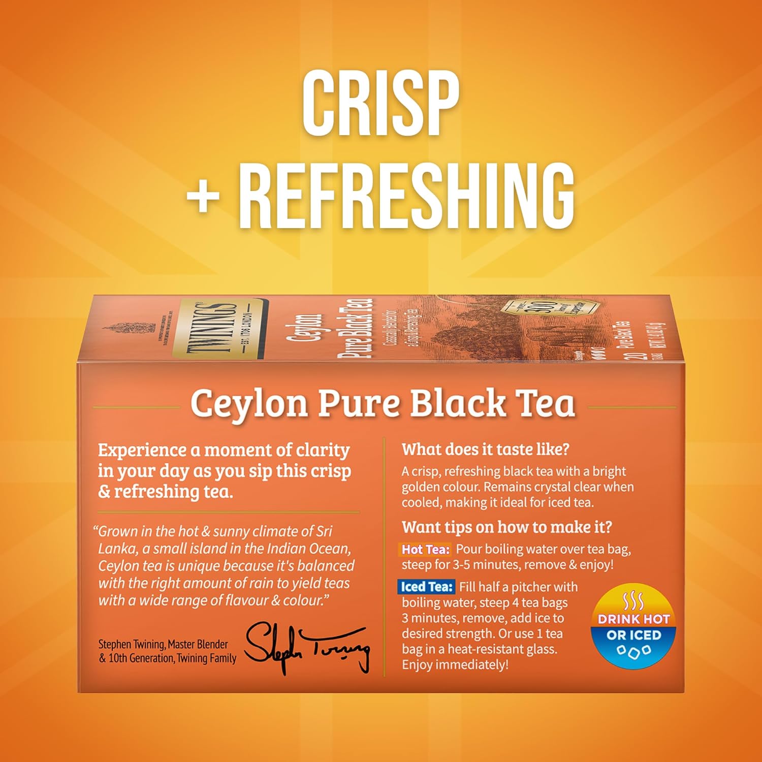 Twinings Ceylon Pure Black Tea Individually Wrapped Bags, 20 Count (Pack of 1), formerly Ceylon Orange Pekoe, Crisp, Refreshing, Caffeinated, Enjoy Hot or Iced, 20 Teabags