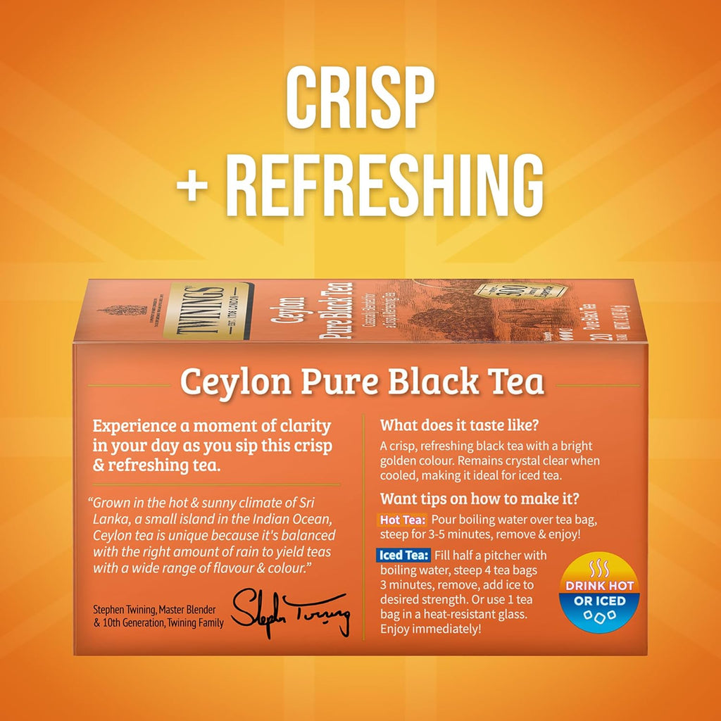 Twinings Ceylon Pure Black Tea Individually Wrapped Bags, 20 Count (Pack of 2), formerly Ceylon Orange Pekoe, Crisp, Refreshing, Caffeinated, Enjoy Hot or Iced, 20 Teabags