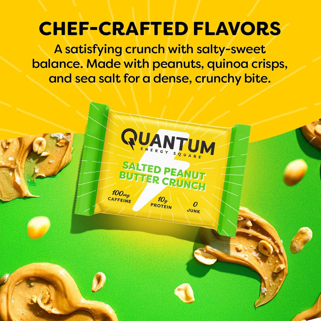 Quantum Energy Square: Energy Bar with Caffeine & 10g Protein. Delicious Healthy Snack On The Go. (Vegan, Gluten-free, Soy-free, Dairy-free) (Salted Peanut Butter Crunch)