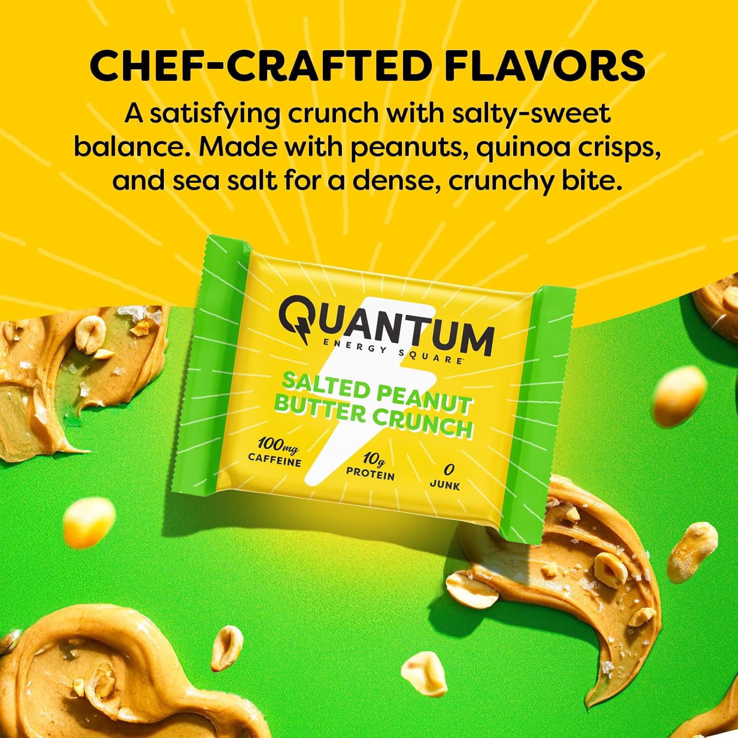 Quantum Energy Square: Energy Bar with Caffeine & 10g Protein. Delicious Healthy Snack On The Go. (Vegan, Gluten-free, Soy-free, Dairy-free) (Salted Peanut Butter Crunch)