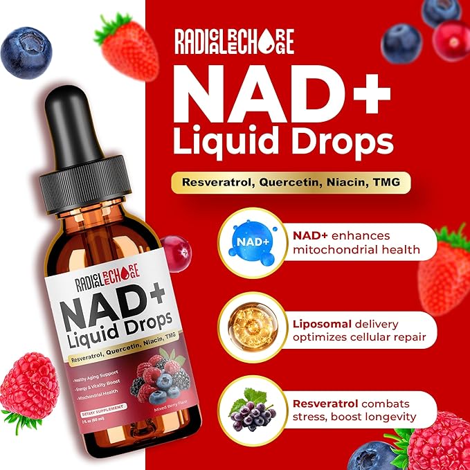 NAD+ Liquid Drops – with Resveratrol, Quercetin, Niacin & TMG – 10-in-1 Nutrient Support Formula for Cellular Energy & Wellness – Mixed Berry Flavor – 2 fl oz