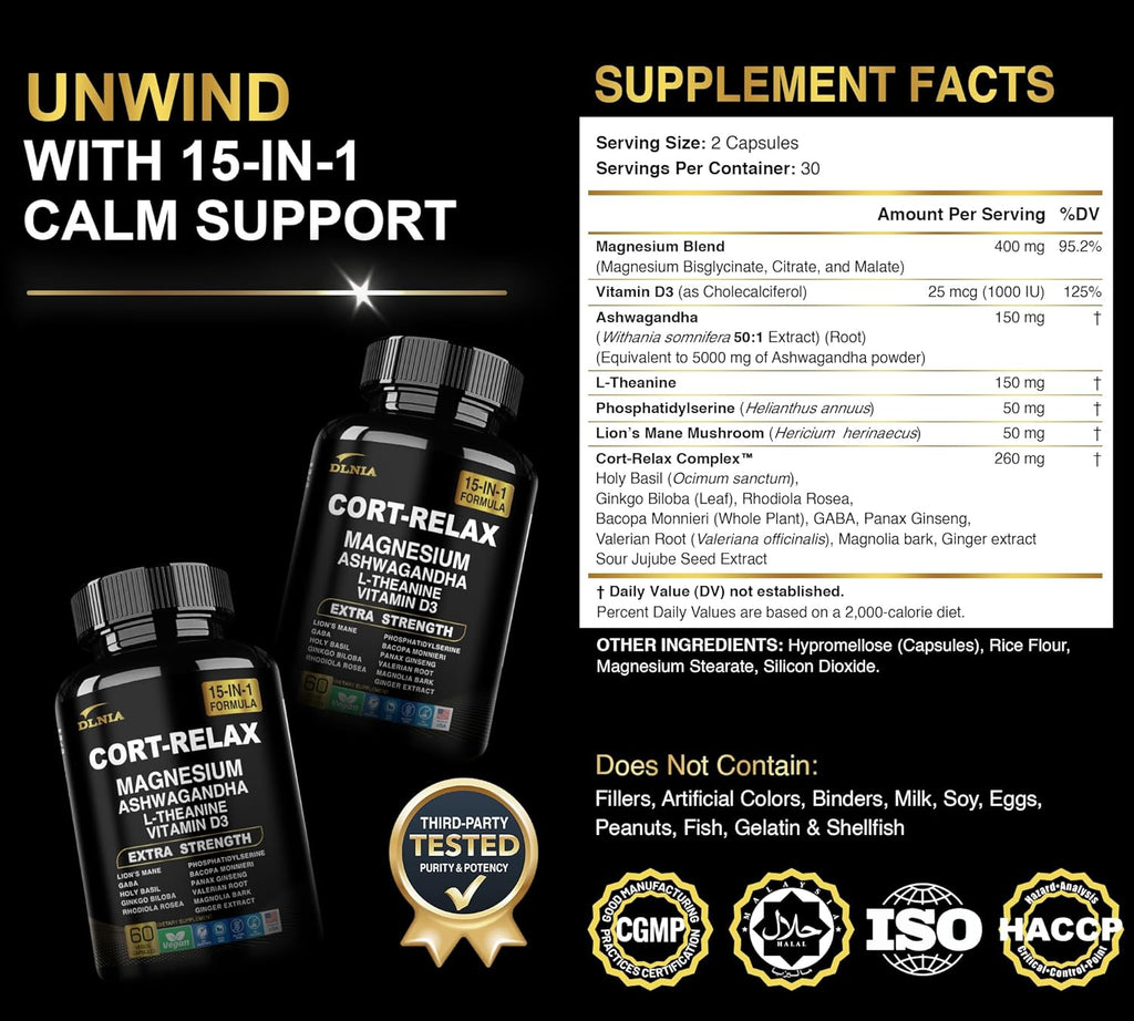 Super Calm Cortisol Supplement with Magnesium Glycinate, Ashwagandha KSM-66, L-Theanine, Phosphatidylserine, Ginkgo Biloba & Lions Mane for Calm, Focus, Mental Clarity, Relaxation, Sleep, Energy