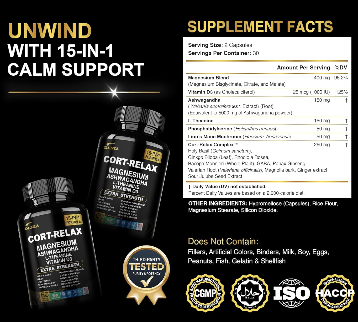 Super Calm Cortisol Supplement with Magnesium Glycinate, Ashwagandha KSM-66, L-Theanine, Phosphatidylserine, Ginkgo Biloba & Lions Mane for Calm, Focus, Mental Clarity, Relaxation, Sleep, Energy