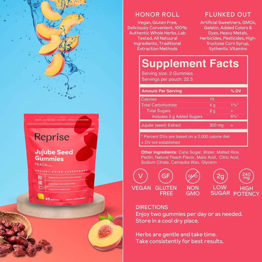 Jujube Seeds in Daily Gummies, 300 mg Full-Spectrum Jujube Seeds, Supports Relaxation & Restful Sleep, 100% Plant Based Vegan & Gelatin Free, Peach Flavored, 45 Gummies