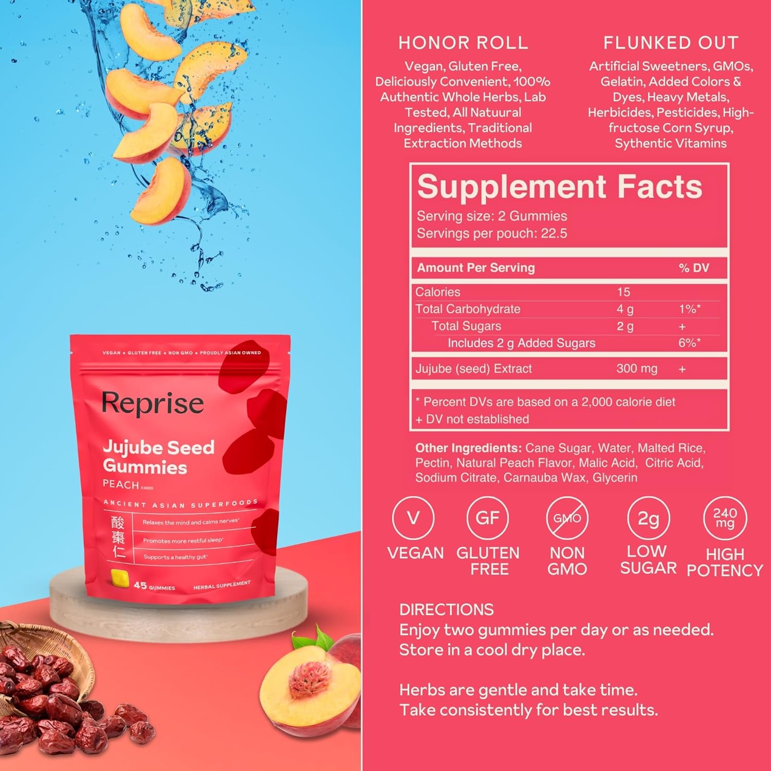 Jujube Seeds in Daily Gummies, 300 mg Full-Spectrum Jujube Seeds, Supports Relaxation & Restful Sleep, 100% Plant Based Vegan & Gelatin Free, Peach Flavored, 45 Gummies