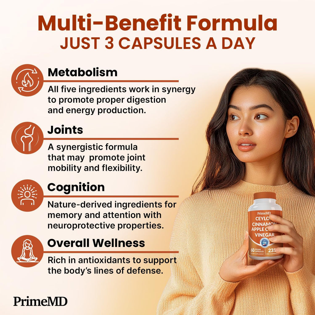 5-in-1 Ceylon Cinnamon Capsules 2355mg - Ceylon Cinnamon and Apple Cider Vinegar with Turmeric, Panax Ginseng, Cinnamon, and Bioperine, 60ct