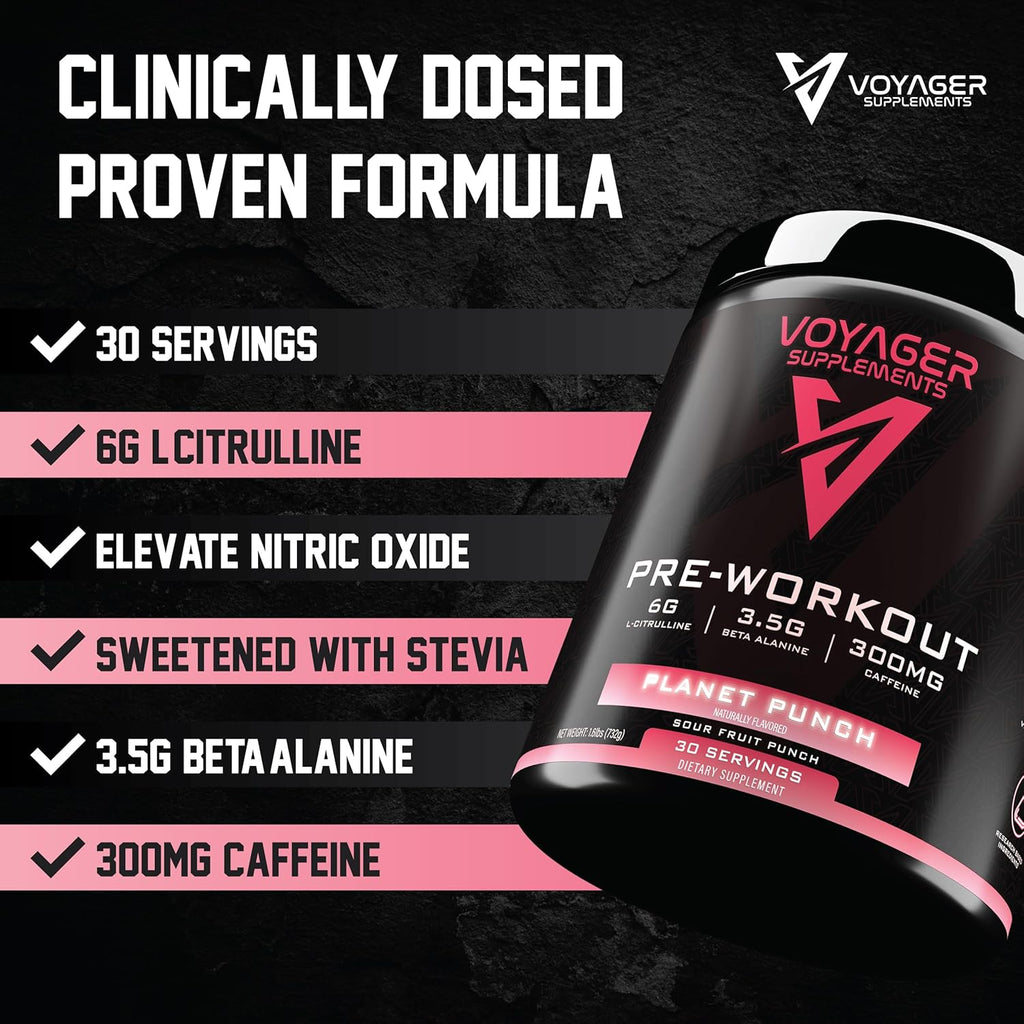 Voyager Pre-Workout Planet Punch – Creatine-Free Powder w/L-Citrulline, Beta-Alanine, Caffeine – Supports Energy, Endurance & Focus – 30 Servings – No Artificial Fillers – GMP Certified