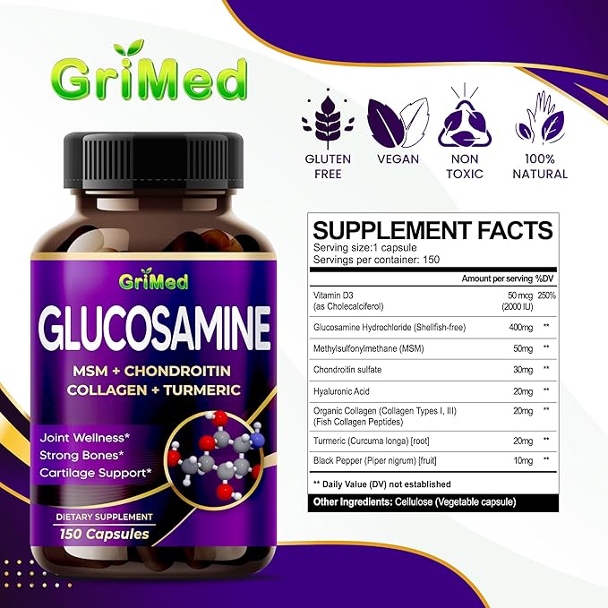 GriMed Glucosamine 12,000mg - X12 Power with MSM, Chondroitin, Collagen, Turmeric for Joint Wellness, Strong Bones, Cartilage Support