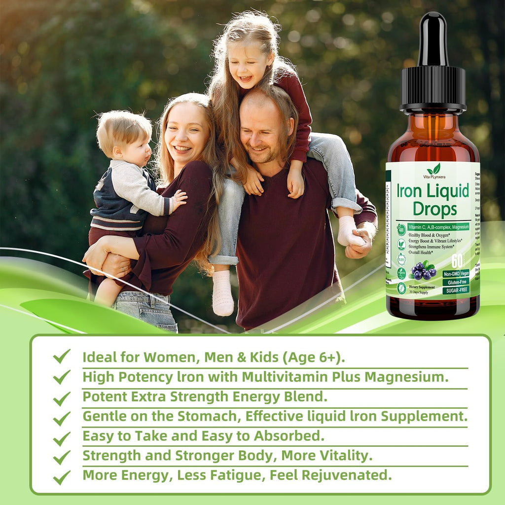 Liquid Iron Supplement for Women Men & Kids, Vegan Iron Drops with Vitamin C D, B12, B-Complex, High Potency Liquid with Multivitamin for Anemia, Energy Support, Blood, Magnesium Gentle