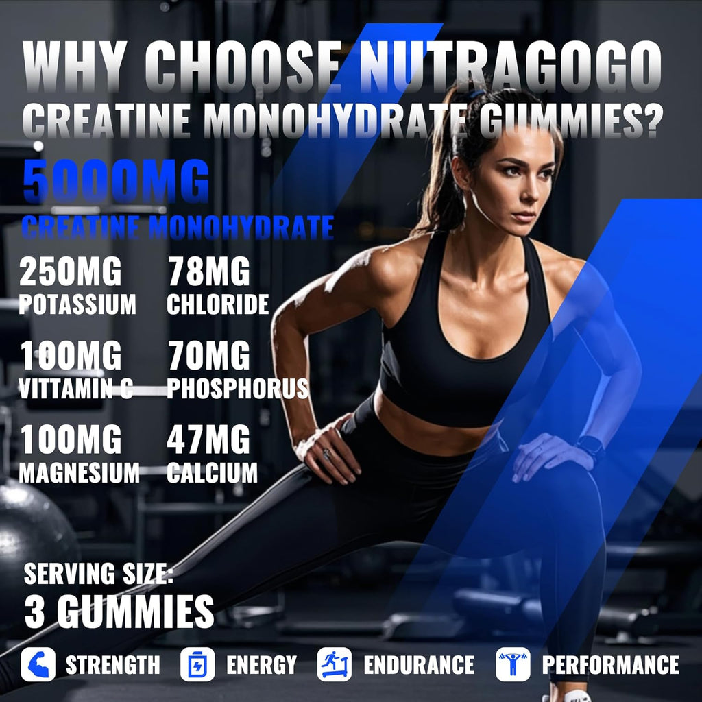 Creatine Monohydrate Gummies for Men & Women-5g of Creatine Monohydrate per Serving - Sugar Free,Vegan, Blueberry Electrolyte Chews, 135 Count