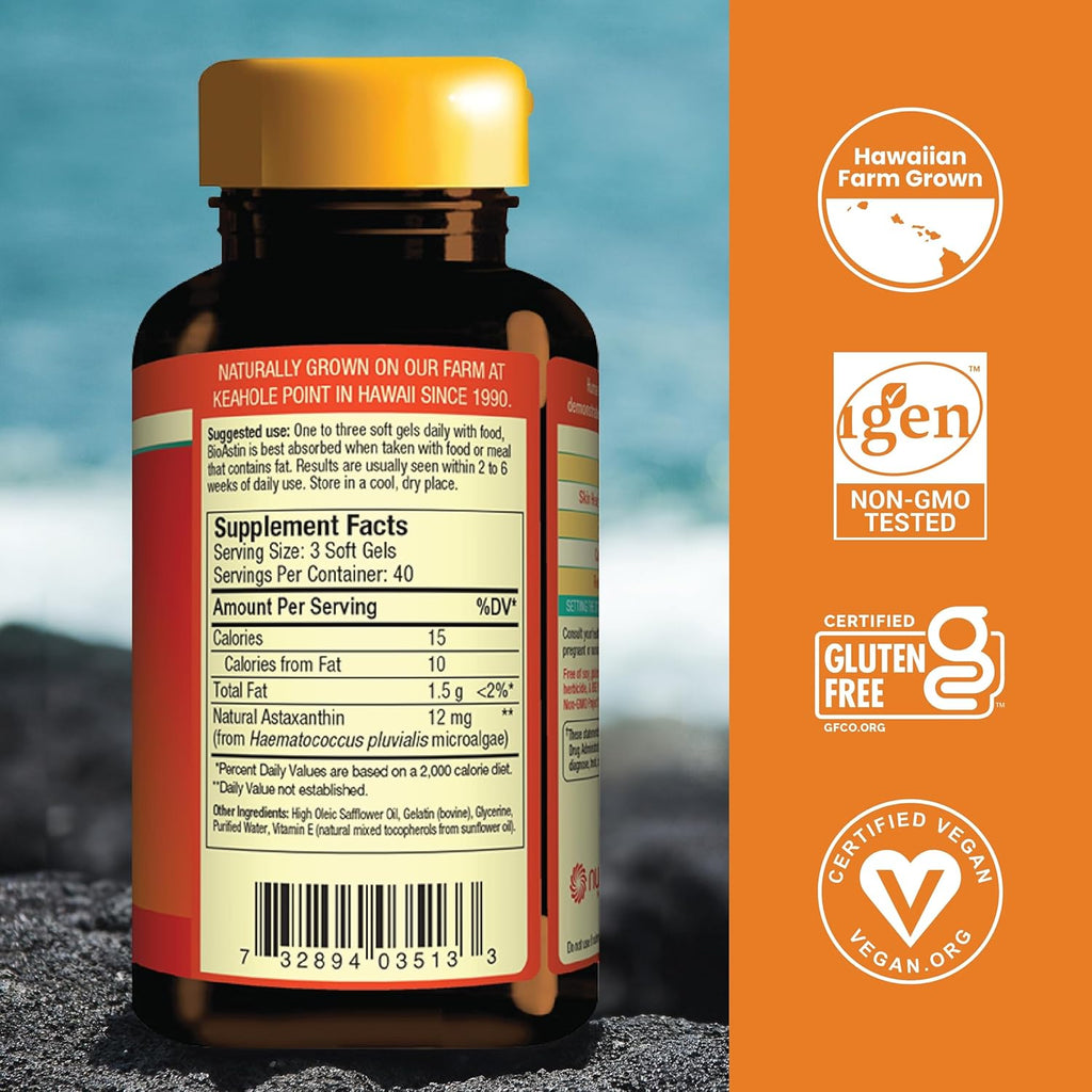 Nutrex Hawaii BioAstin Hawaiian Astaxanthin - 4mg, 120 Softgels - Farm-Direct Premium Antioxidant Supplement to Support Eye, Skin, Joint & Immune System Health - Non-GMO & Gluten-Free