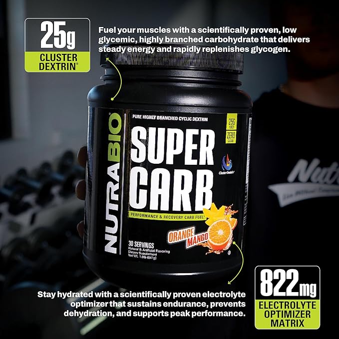 NutraBio Super Carb, Carbohydrate Powder with Cluster Dextrin & Electrolytes, Advanced Carb Supplement Powder for Workout Fuel, Performance, and Muscle Recovery, Cyclic Dextrin, Orange Mango, 30 Sv