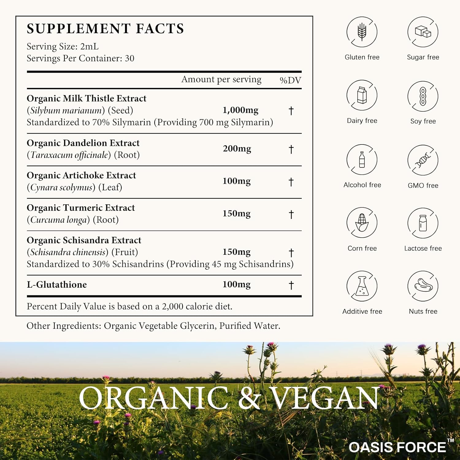 Oasisforce Organic Milk Thistle Extract Liquid for Liver Cleanse Detox & Repair, Silymarin Milk Thistle Drops Supplement with Dandelion & Artichoke for Liver Support, Vegan, Alcohol-Free, 2 FL OZ