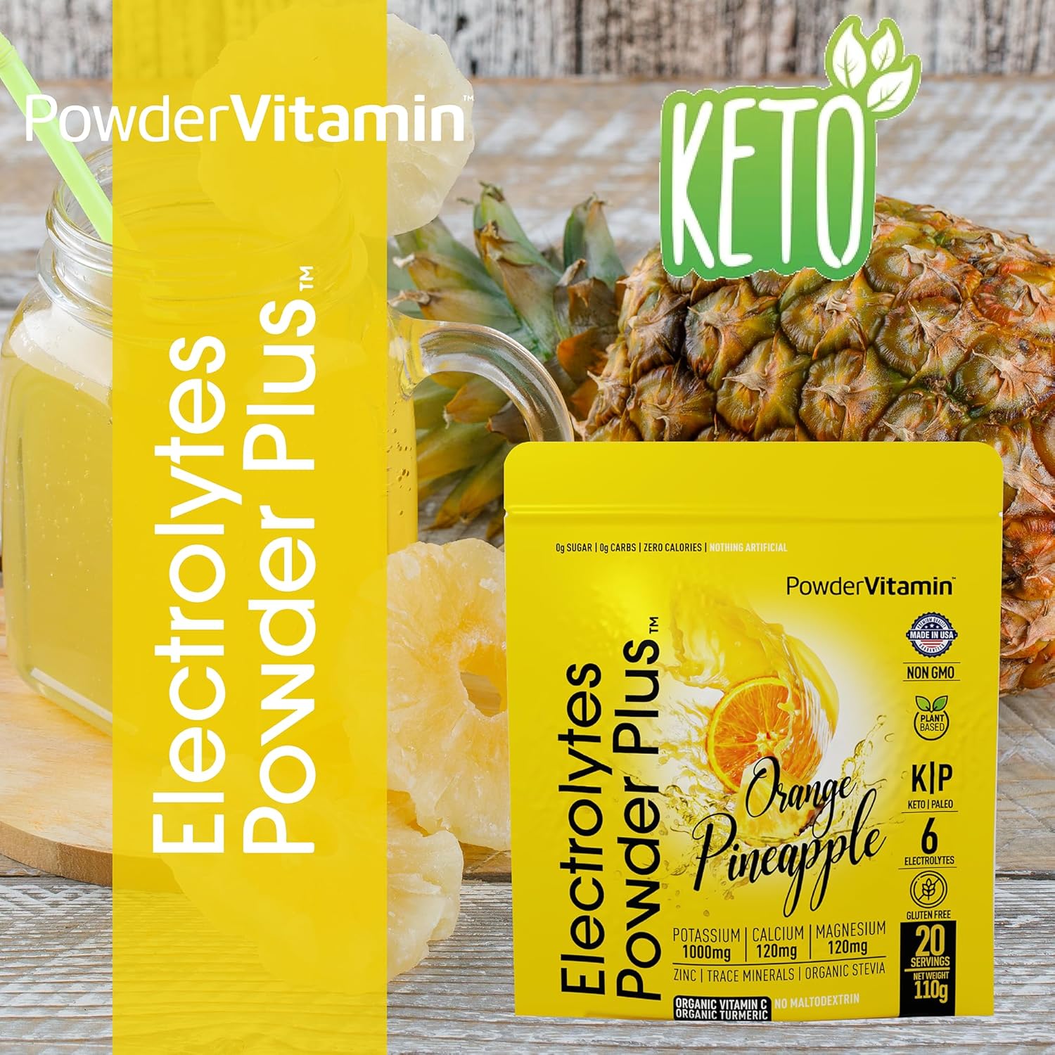 PowderVitamin Electrolytes Powder Plus (20 Servings) Orange Pineapple Electrolyte Powder Zero Calorie Keto,0 Sugar, No Maltodextrin,1000mg Potassium,120mg Calcium,120mg Magnesium, Pink Himalayan Salt